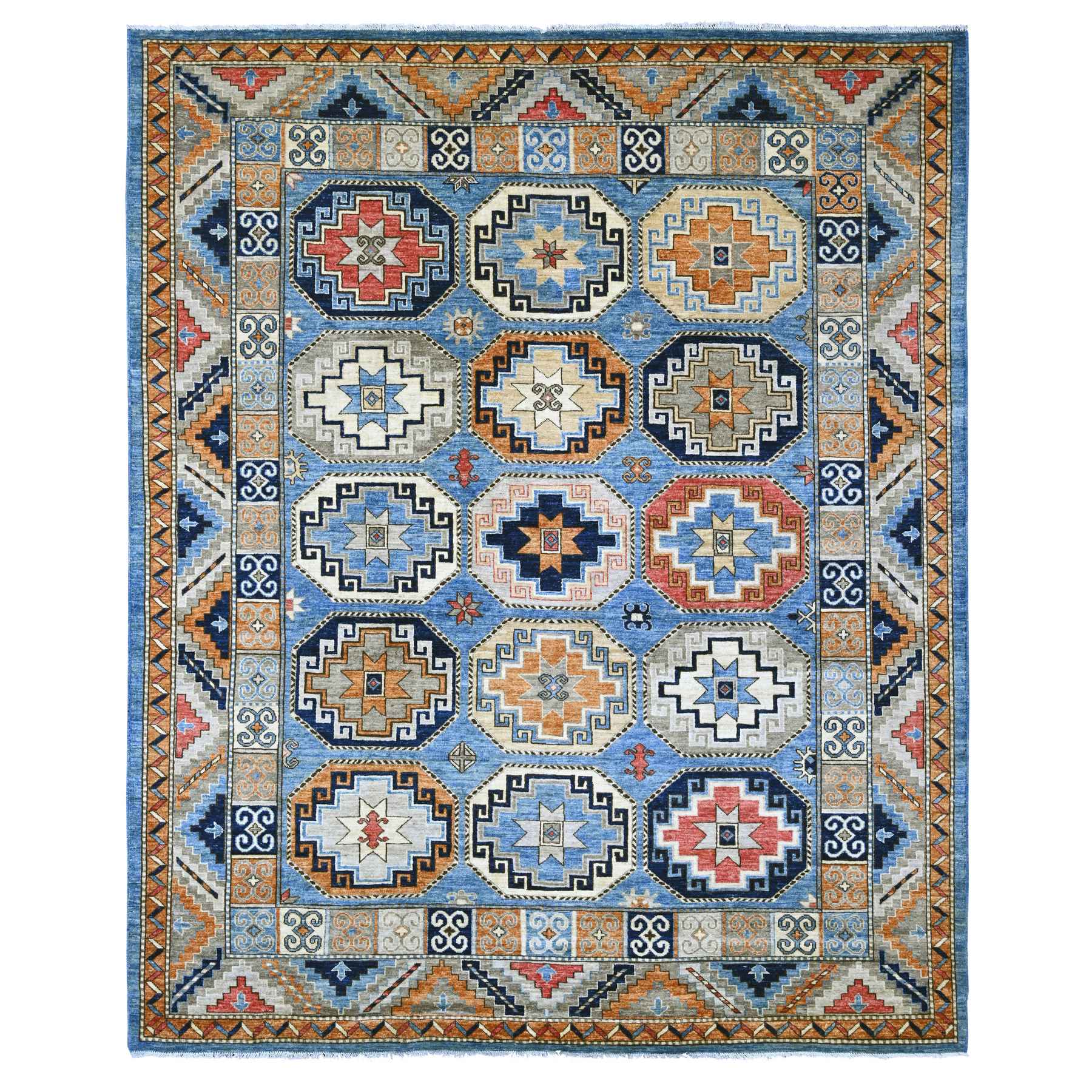 8'2"x9'9" Maya Blue, Afghan Ersari with Elephant Feet Design, Vegetable Dyes, Hand Knotted, Pure Wool, Oriental Rug 